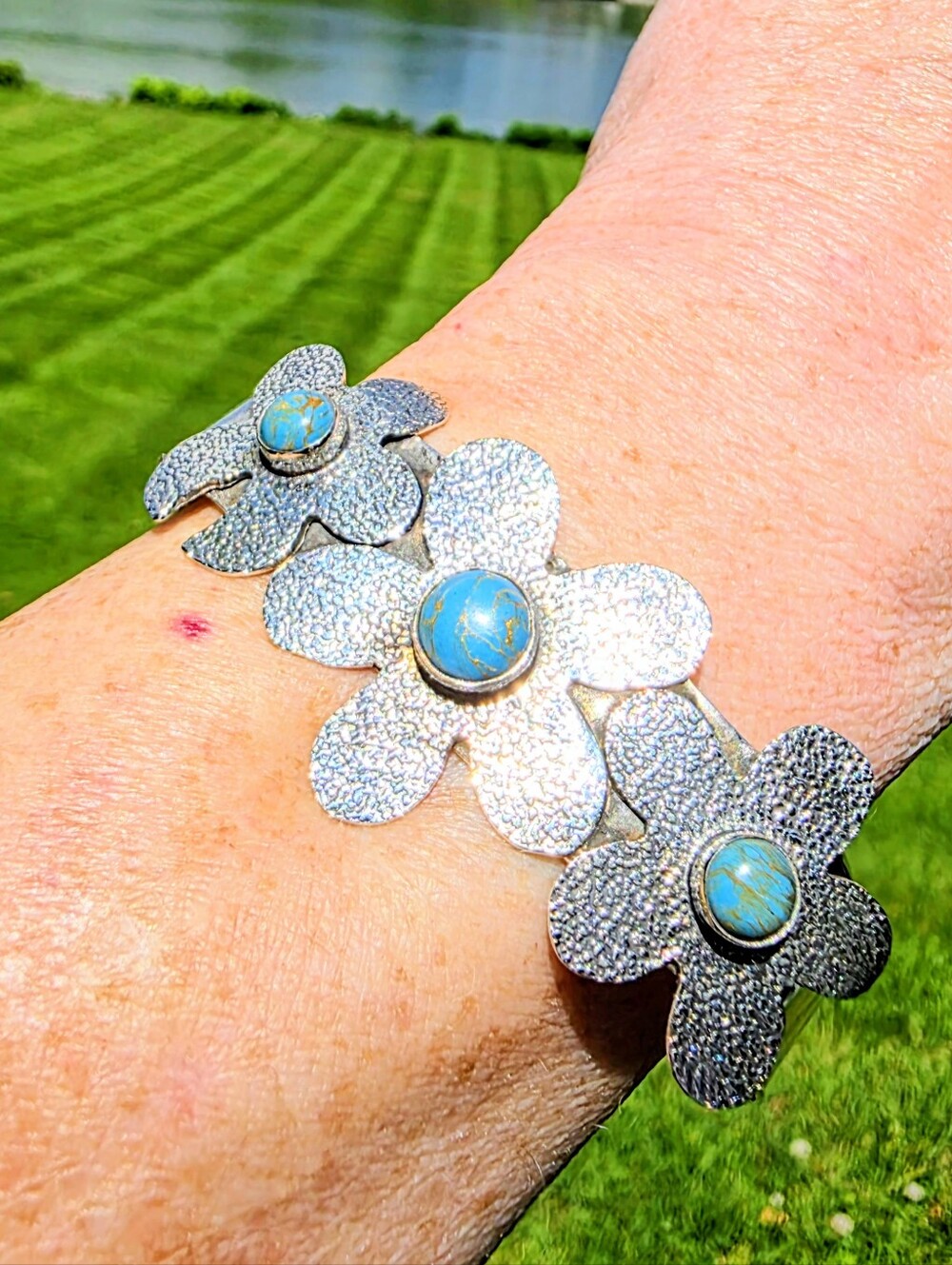 Copper Blue Turquoise Bracelet Cuff In 925 Sterling Silver (Adjustable)